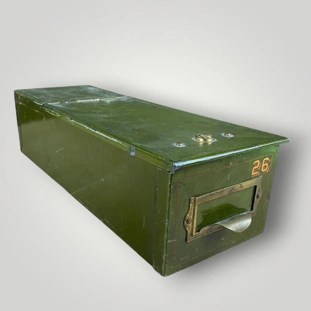 Safety Deposit Box Army Green Baked Enamel Metal 1940s Louis F Dow Co